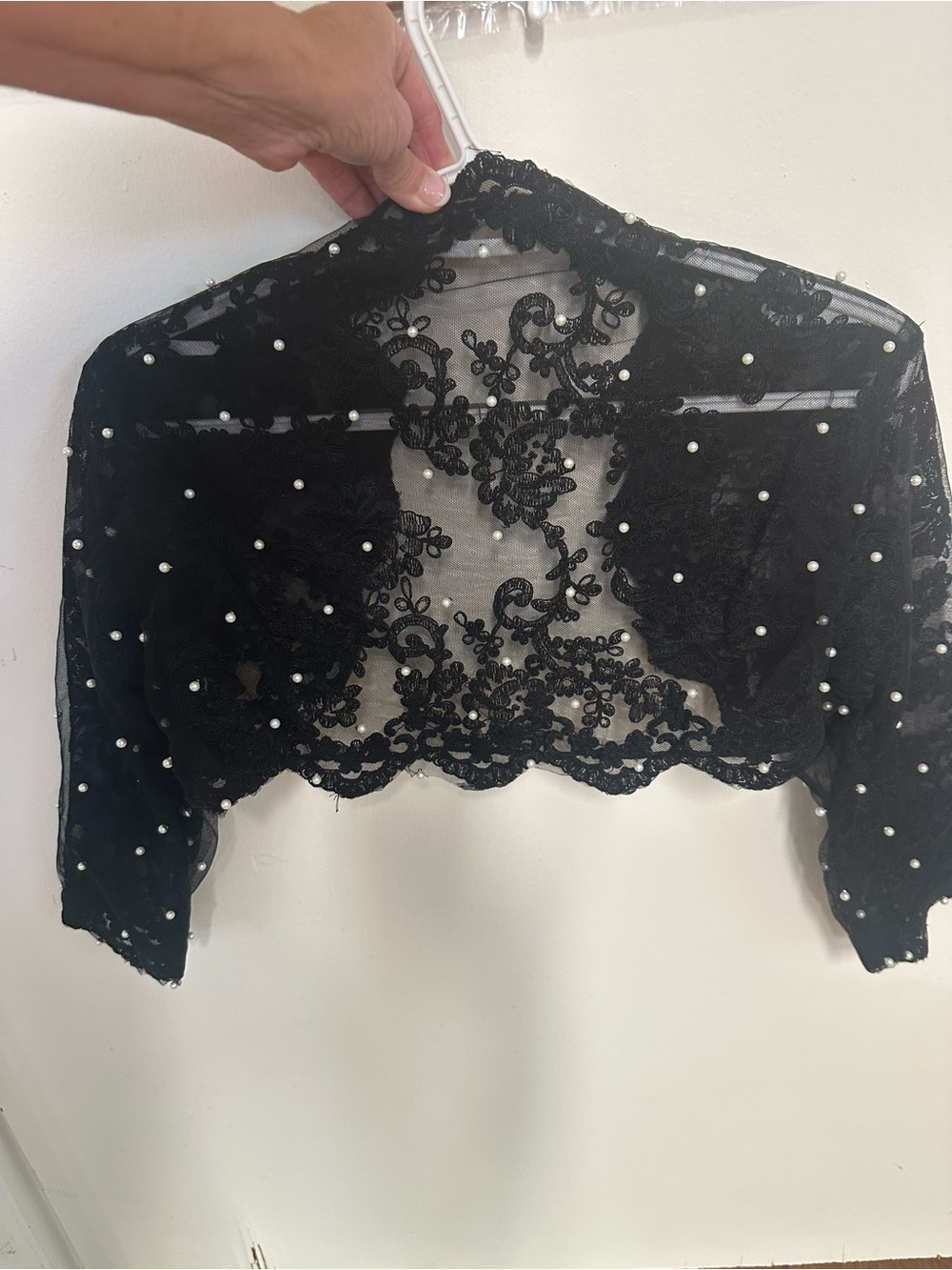 Black Lace Pearl-Embellished Cropped Bolero Jacket